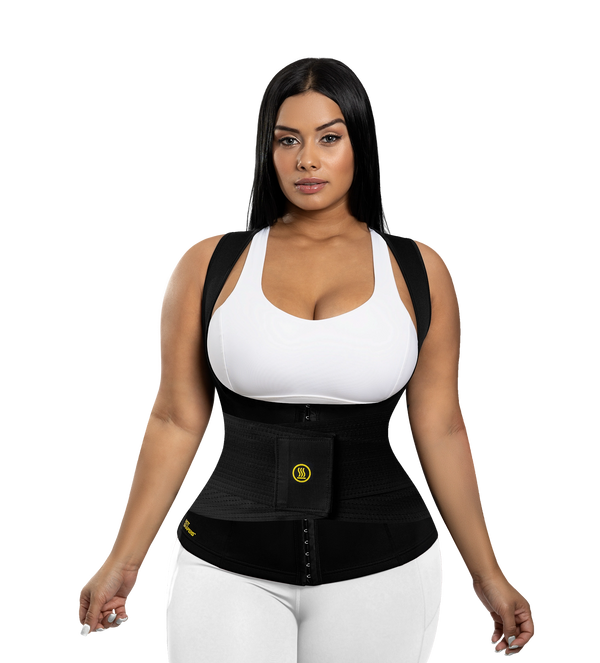Mujer usando faja Hot Shapers junto a porcentajes de resultados comprobados de reducción y tonificación
