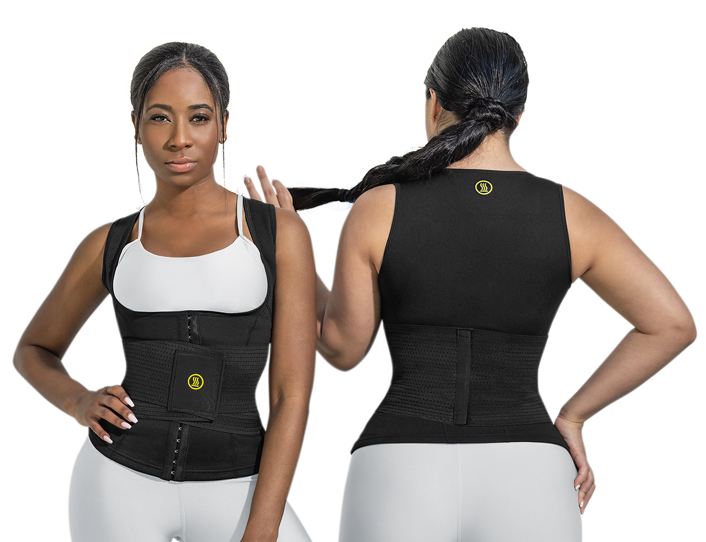 Dos mujeres usando chaleco Hot Shapers con compresión en abdomen y espalda, vista frontal y posterior.