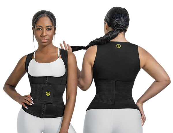 Dos mujeres usando chaleco Hot Shapers con compresión en abdomen y espalda, vista frontal y posterior.