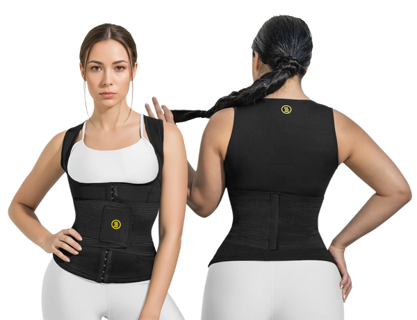 Dos mujeres usando chaleco Hot Shapers con compresión en abdomen y espalda, vista frontal y posterior.